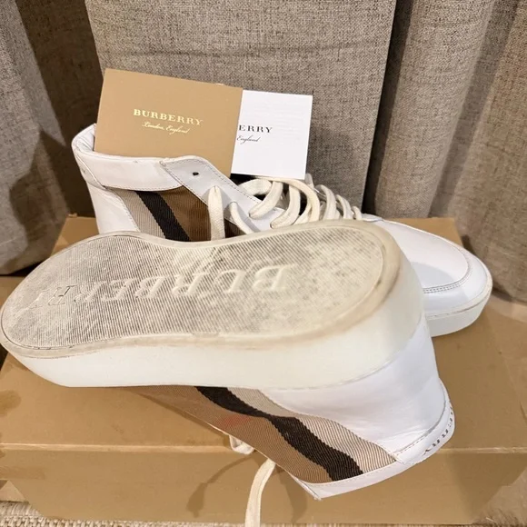 Burberry White and Tan High-Top Sneakers - Picture 2 of 6